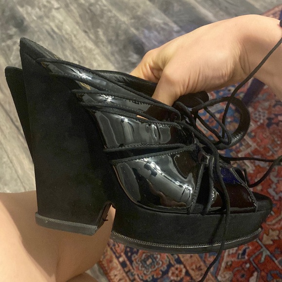 YSL Black Platform Suede Strappy Sandals, Size 38 - Picture 1 of 3